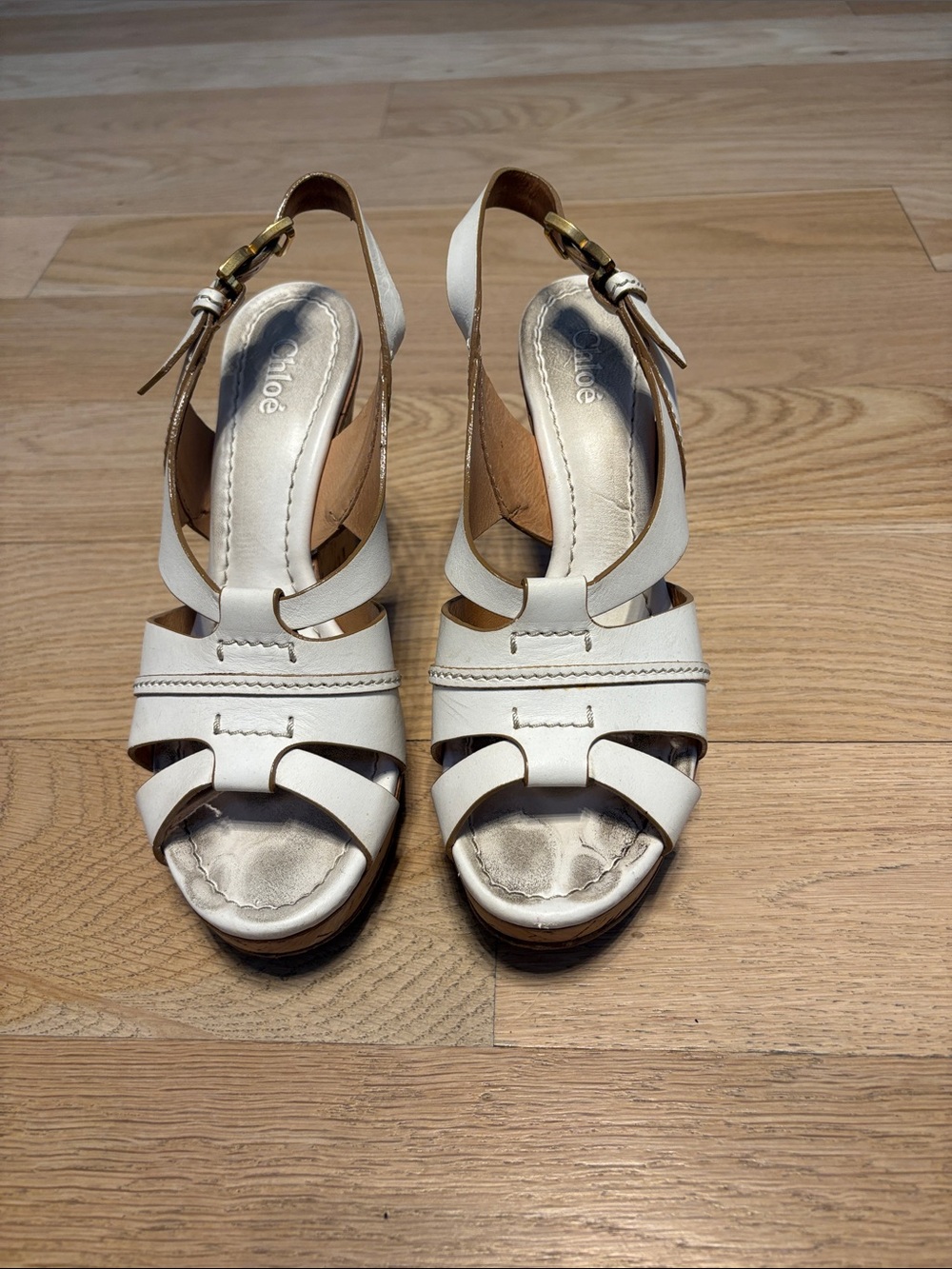 Chloé White Leather Wedge Sandals